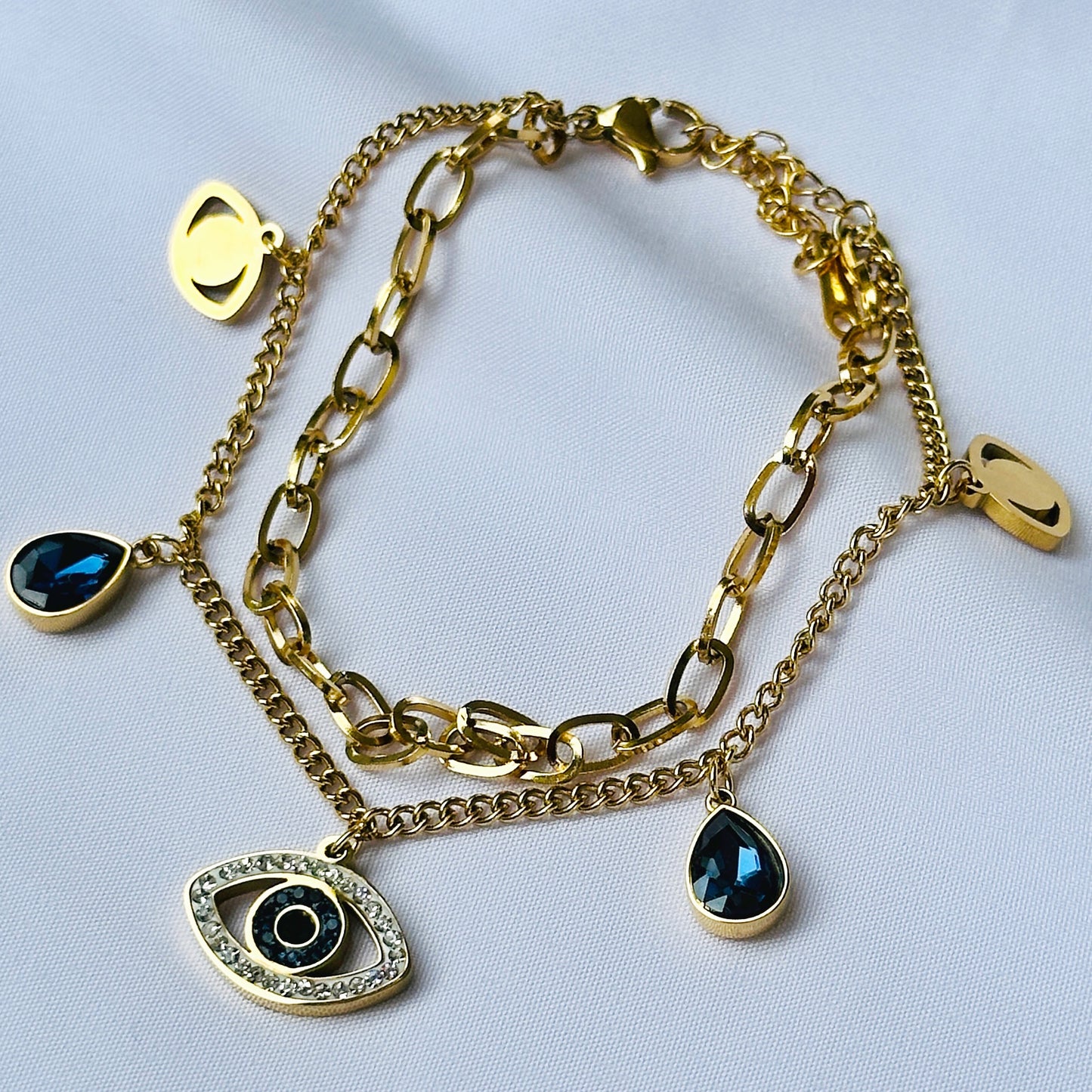 Ariva Collection Evil Eye Indigo Blue Crystal Studded Gold Plated Stainless Steel Anti Tarnish Adjustable Chain Bracelet