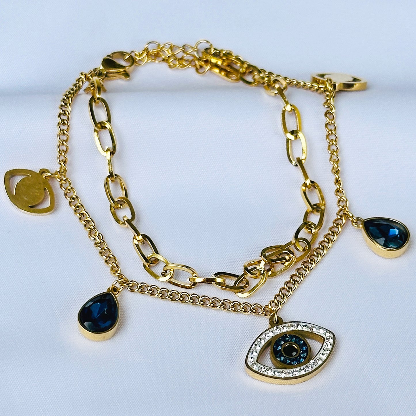 Ariva Collection Evil Eye Indigo Blue Crystal Studded Gold Plated Stainless Steel Anti Tarnish Adjustable Chain Bracelet