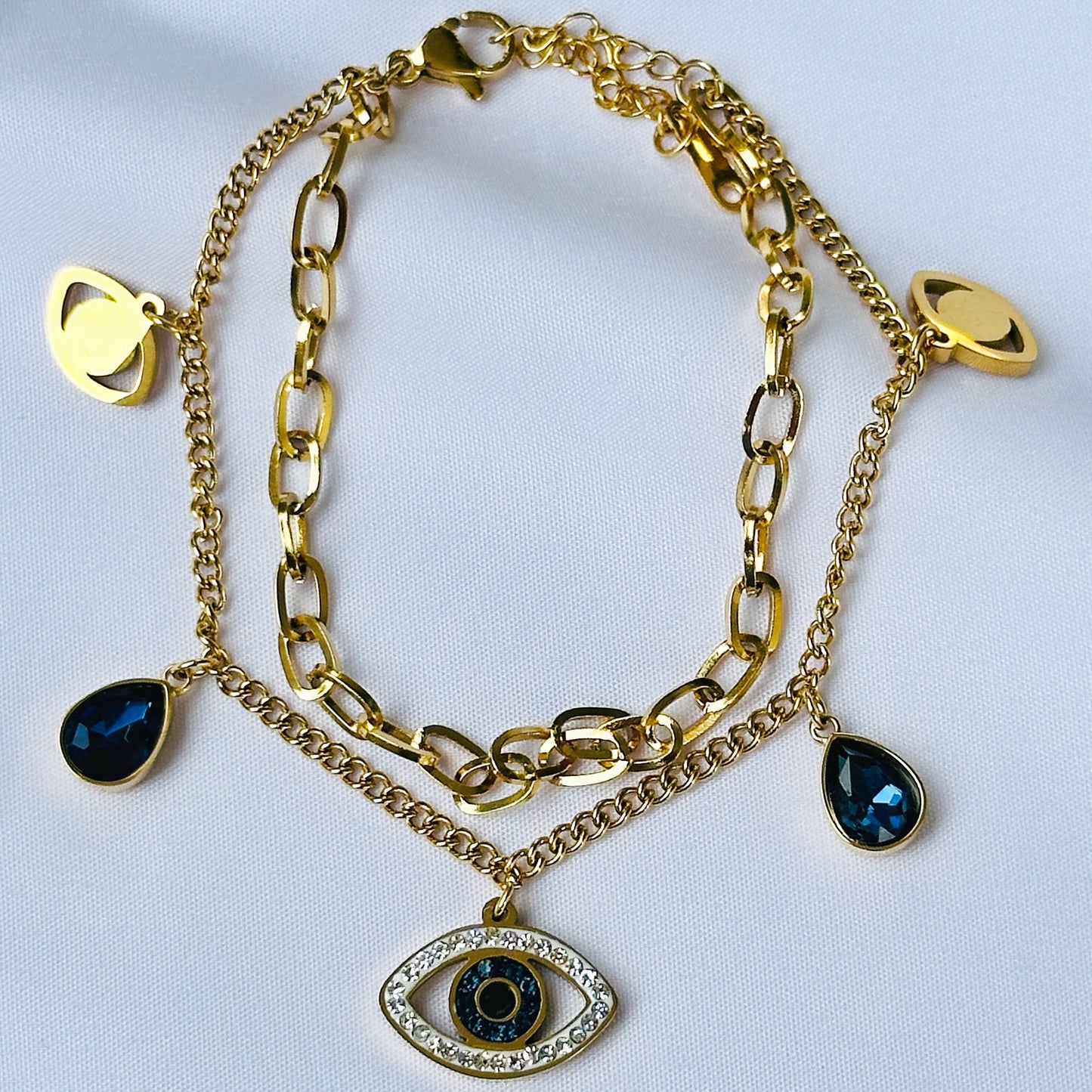 Ariva Collection Evil Eye Indigo Blue Crystal Studded Gold Plated Stainless Steel Anti Tarnish Adjustable Chain Bracelet