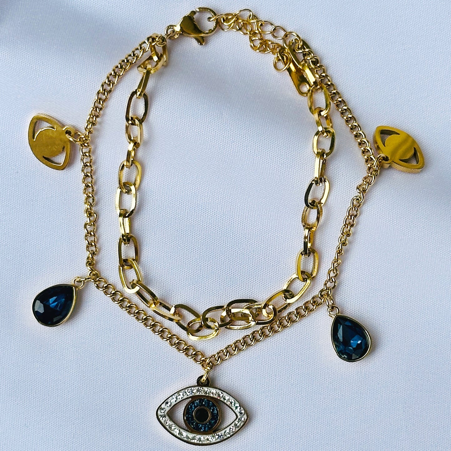 Ariva Collection Evil Eye Indigo Blue Crystal Studded Gold Plated Stainless Steel Anti Tarnish Adjustable Chain Bracelet