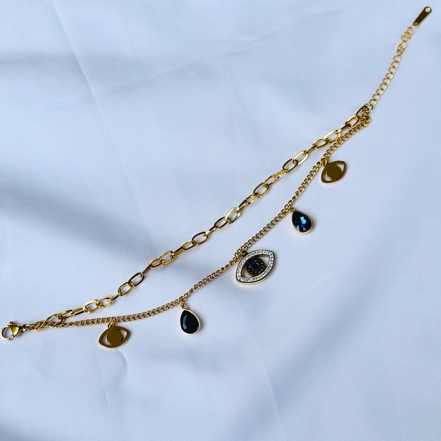 Ariva Collection Evil Eye Indigo Blue Crystal Studded Gold Plated Stainless Steel Anti Tarnish Adjustable Chain Bracelet