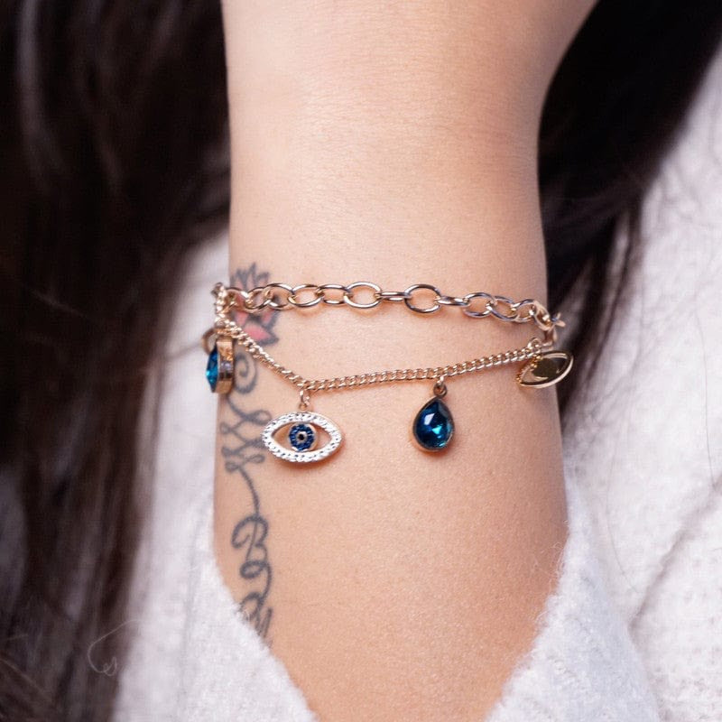 Ariva Collection Evil Eye Indigo Blue Crystal Studded Gold Plated Stainless Steel Anti Tarnish Adjustable Chain Bracelet