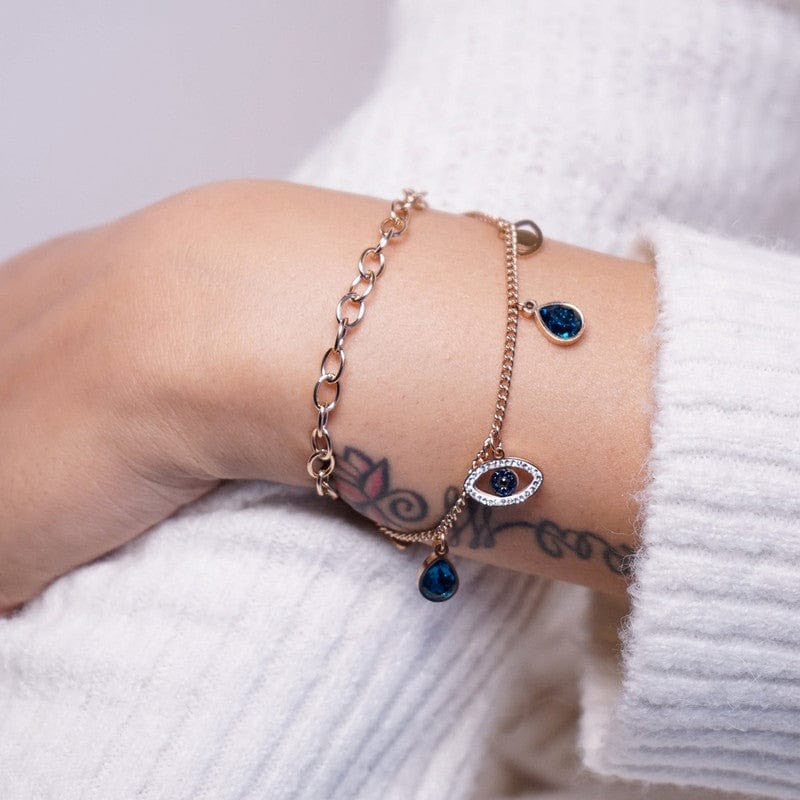 Ariva Collection Evil Eye Indigo Blue Crystal Studded Gold Plated Stainless Steel Anti Tarnish Adjustable Chain Bracelet