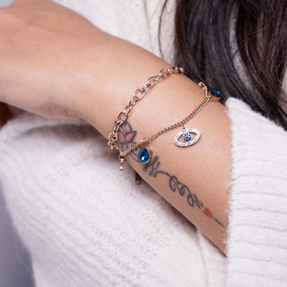 Ariva Collection Evil Eye Indigo Blue Crystal Studded Gold Plated Stainless Steel Anti Tarnish Adjustable Chain Bracelet