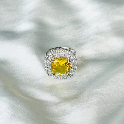 Ariva Collection Yellow Topaz Cubic Zircon American Diamond Silver Plated Adjustable Ring