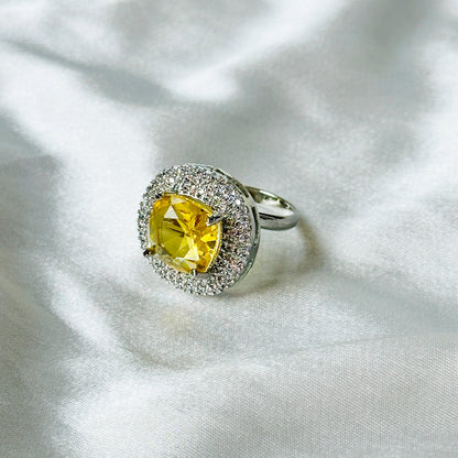 Ariva Collection Yellow Topaz Cubic Zircon American Diamond Silver Plated Adjustable Ring