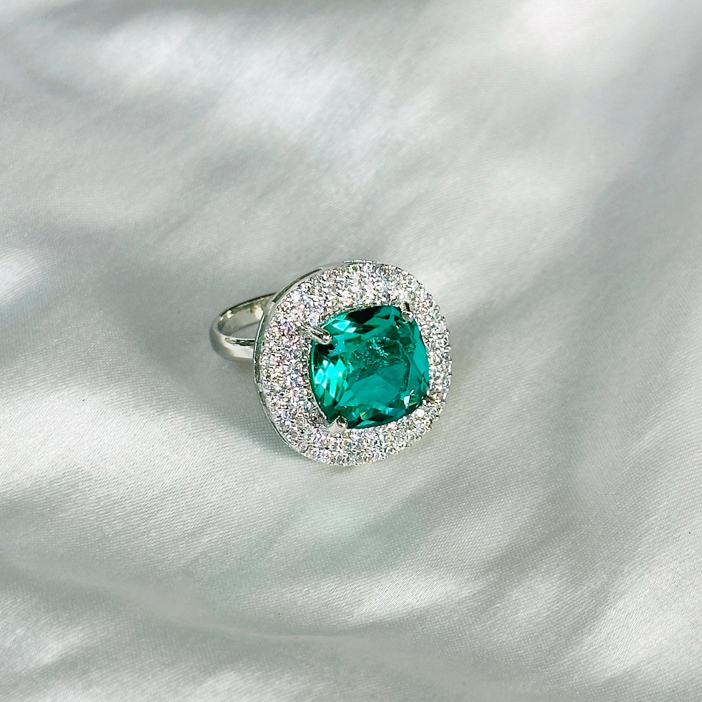 Ariva Collection Sea Green Topaz Cubic Zircon American Diamond Silver Plated Adjustable Ring