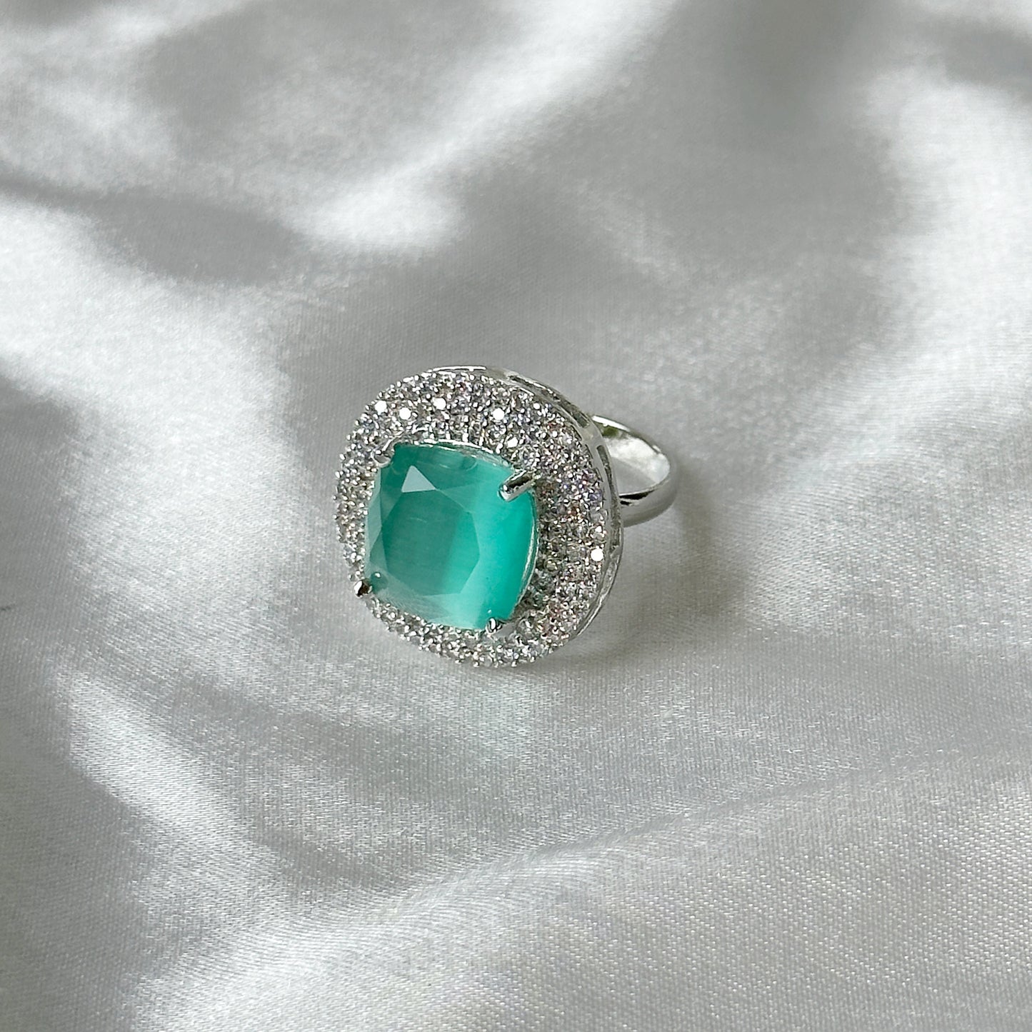 Ariva Collection Mint Green Topaz Zircon American Diamond Silver Plated Adjustable Ring