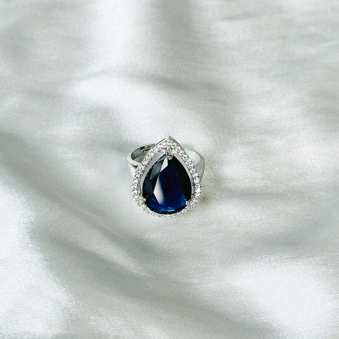 Ariva Collection Blue Sapphire Cubic Zircon Stone American Diamond Silver Plated Adjustable Ring