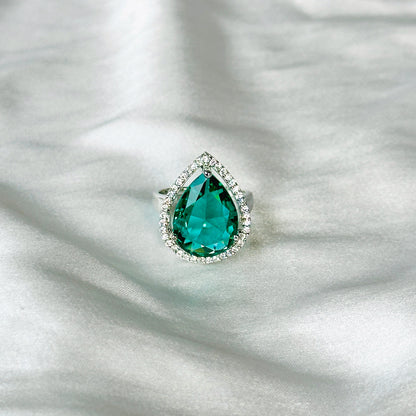 Ariva Collection Sea Green Topaz Cubic Zircon Stone American Diamond Silver Plated Adjustable Ring