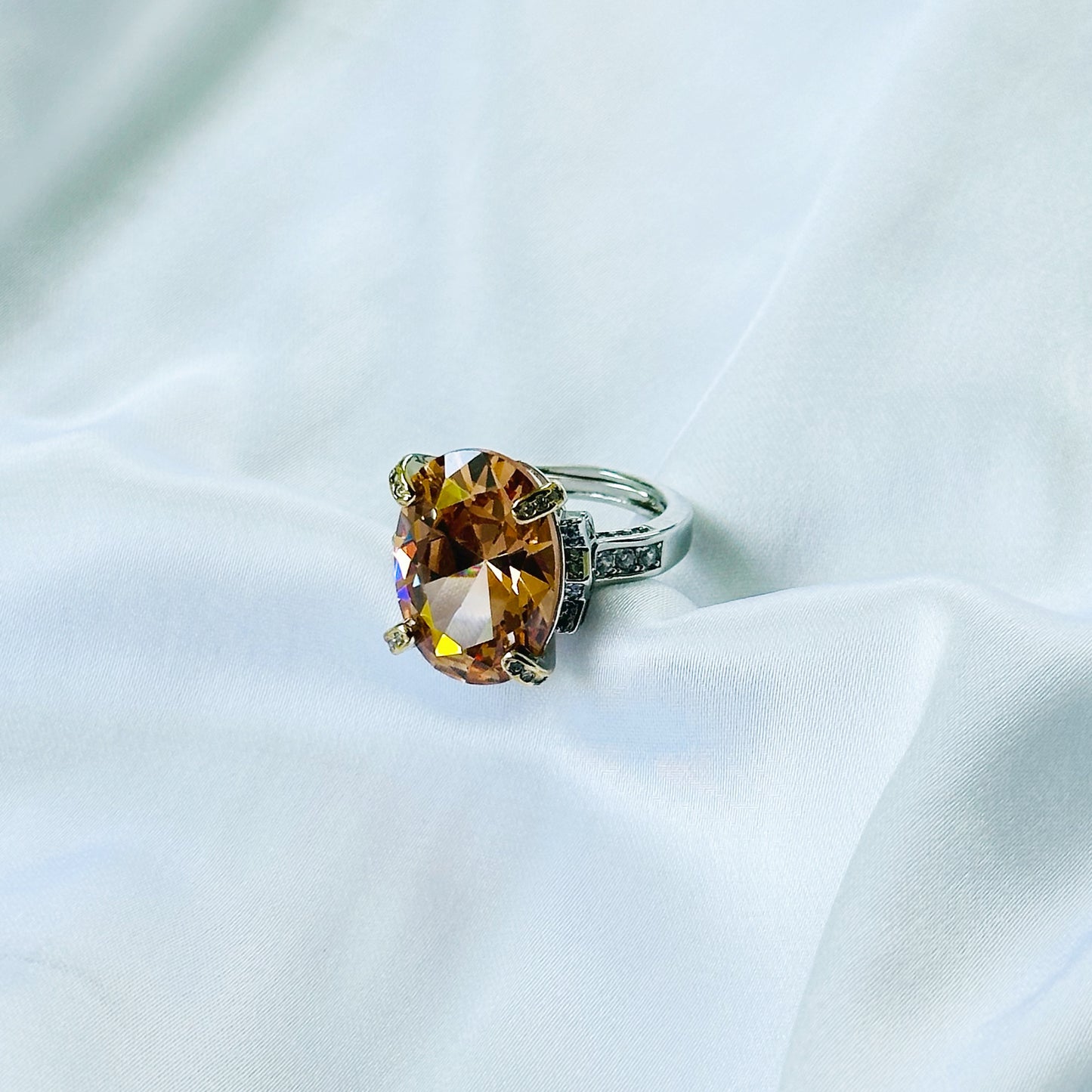 Ariva Collection Yellow Smoked Topaz Cubic Zircon Ice Cut American Diamond Gold/Silver Plated Adjustable Ring