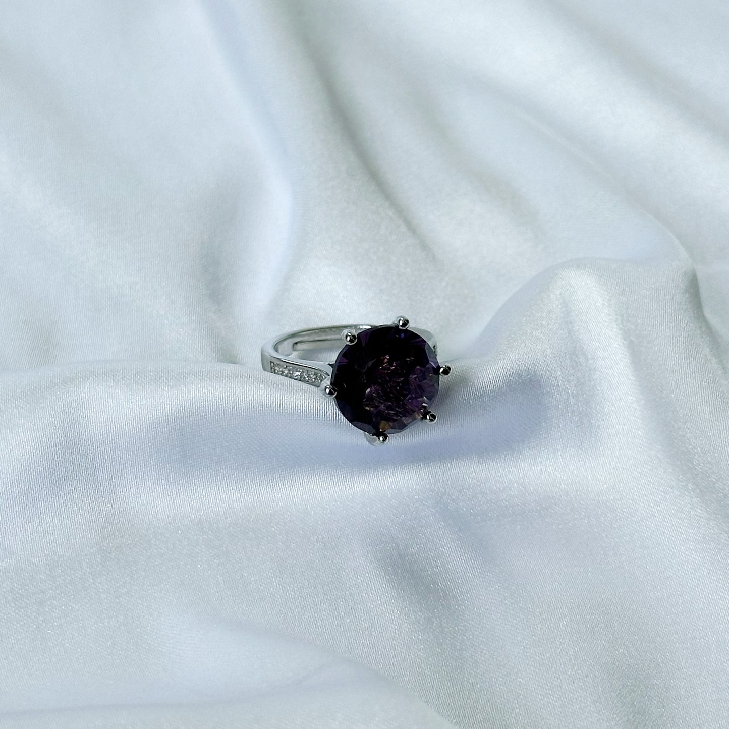 Ariva Collection Deep Purple Amethyst Cubic Zircon Ice Cut American Diamond Silver Plated Adjustable Ring