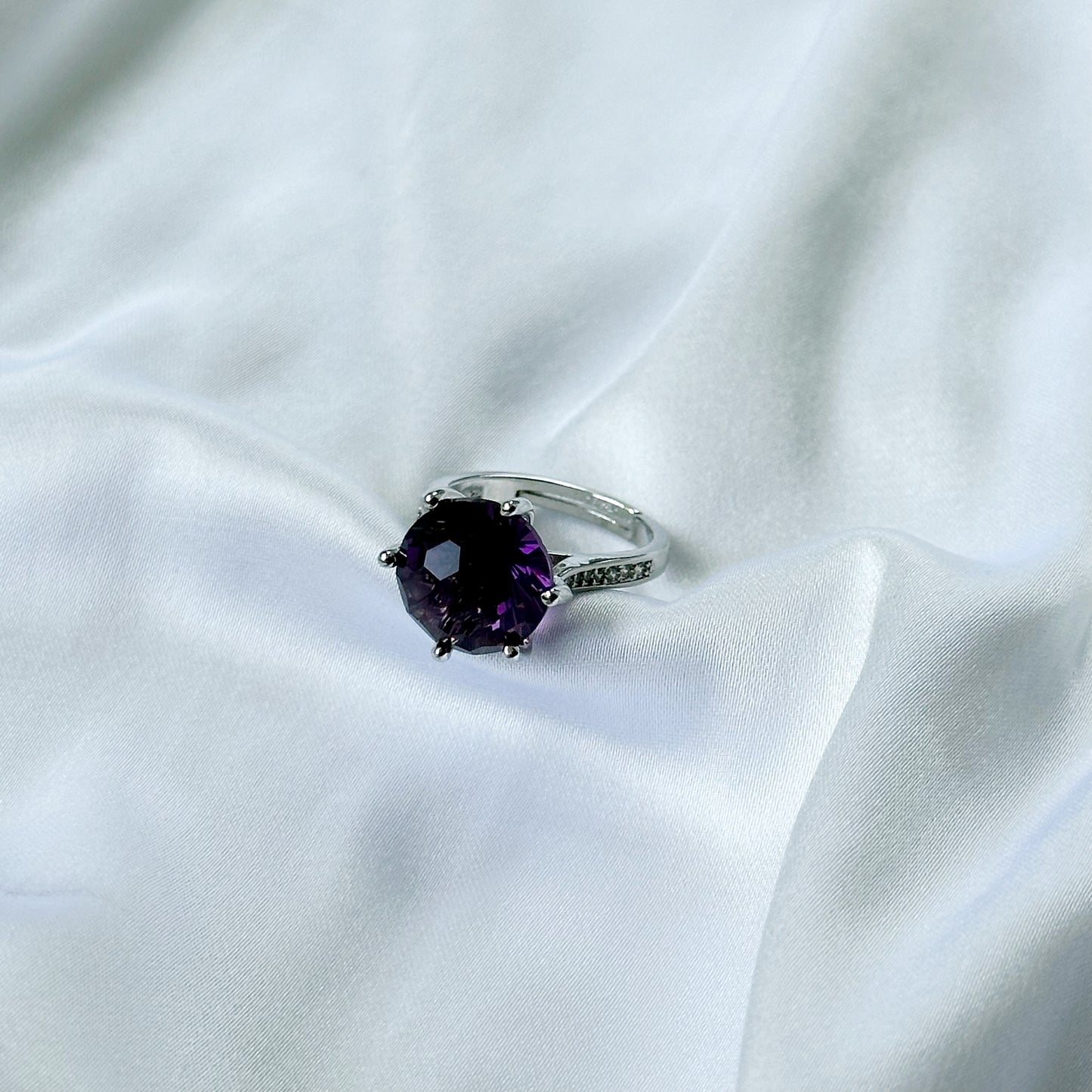 Ariva Collection Deep Purple Amethyst Cubic Zircon Ice Cut American Diamond Silver Plated Adjustable Ring