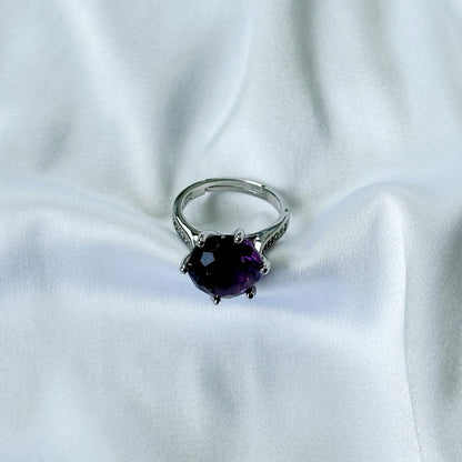 Ariva Collection Deep Purple Amethyst Cubic Zircon Ice Cut American Diamond Silver Plated Adjustable Ring