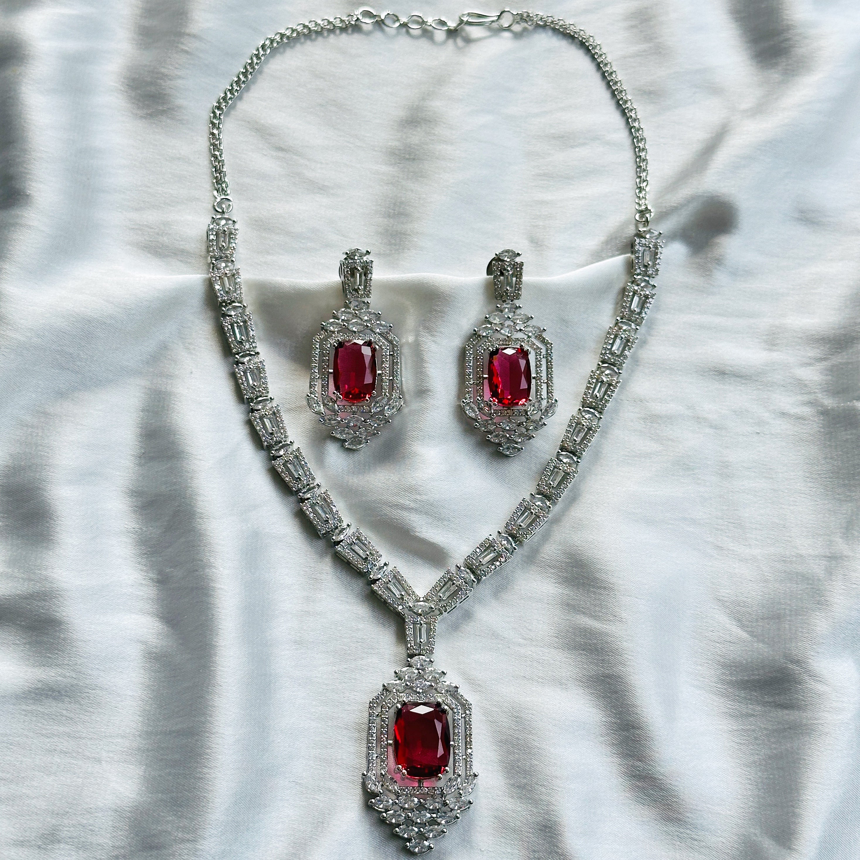 Ariva Collection Red Ruby Cubic Zircon Stone American Diamond Silver Plated Necklace Set