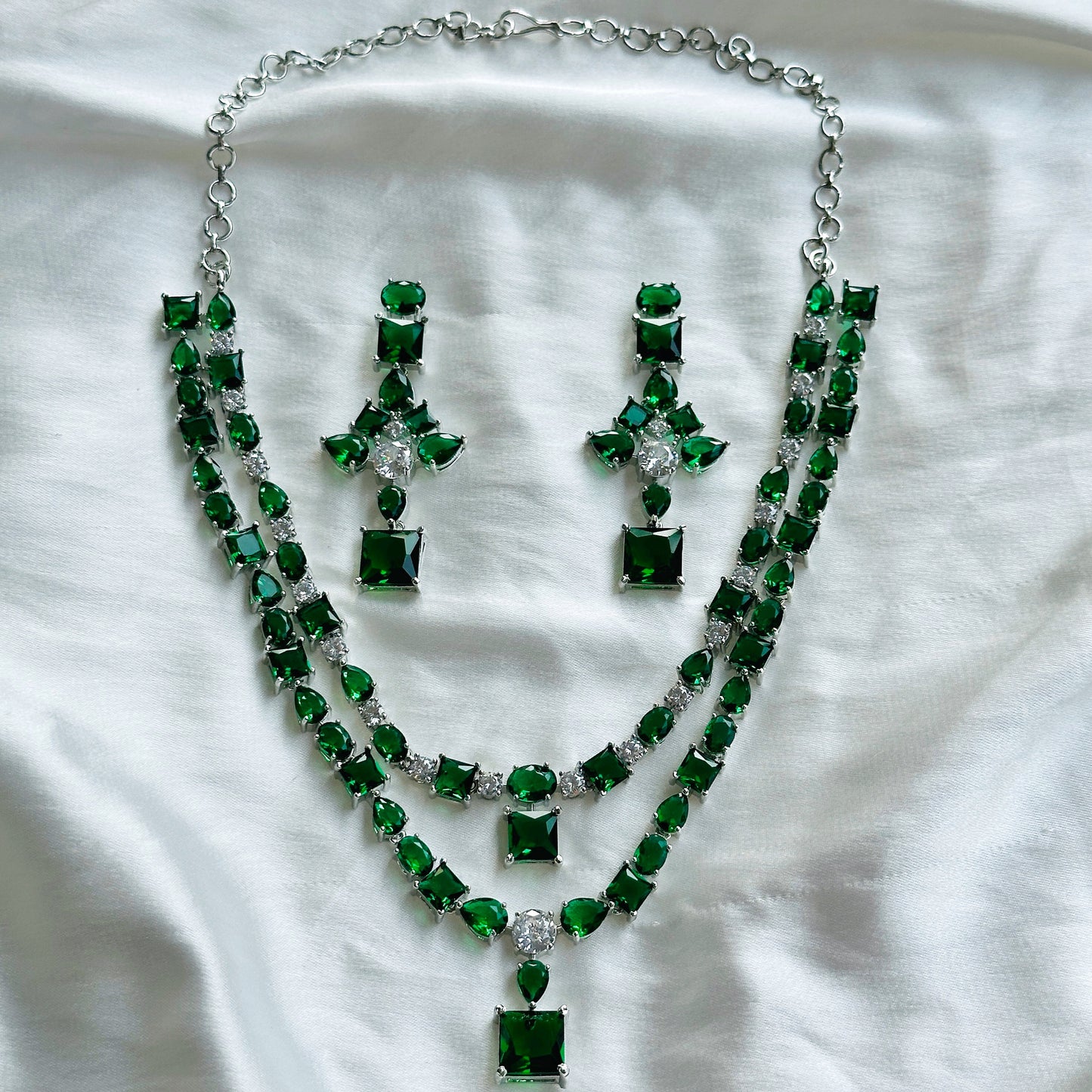 Ariva Collection Green Emerald Cubic Zircon Stones American Diamond Double Layered Silver Plated Necklace Set