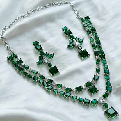 Ariva Collection Green Emerald Cubic Zircon Stones American Diamond Double Layered Silver Plated Necklace Set