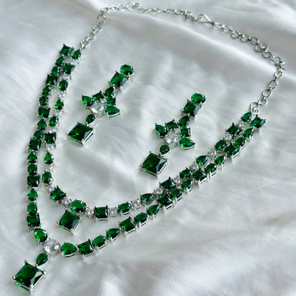 Ariva Collection Green Emerald Cubic Zircon Stones American Diamond Double Layered Silver Plated Necklace Set