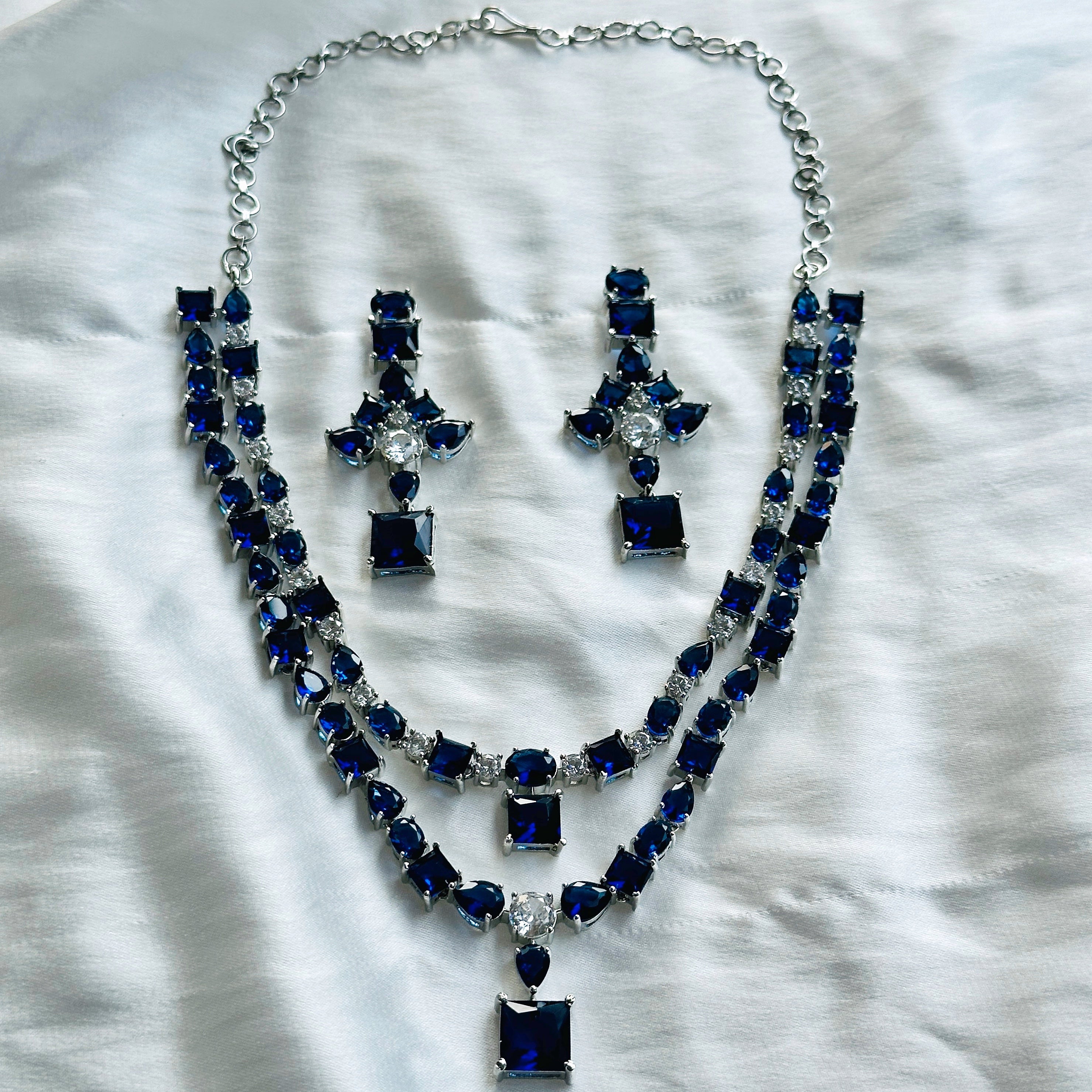 Ariva Collection Blue Sapphire Zircon Stones American Diamond Double Chain Silver Plated Necklace Set