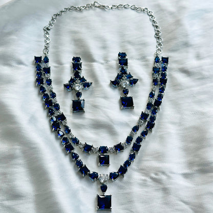 Ariva Collection Blue Sapphire Zircon Stones American Diamond Double Chain Silver Plated Necklace Set