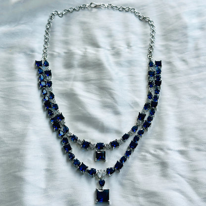 Ariva Collection Blue Sapphire Zircon Stones American Diamond Double Chain Silver Plated Necklace Set