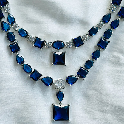 Ariva Collection Blue Sapphire Zircon Stones American Diamond Double Chain Silver Plated Necklace Set