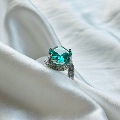 Ariva Collection Sea Green Topaz Cubic Zircon American Diamond Silver Plated Adjustable Ring