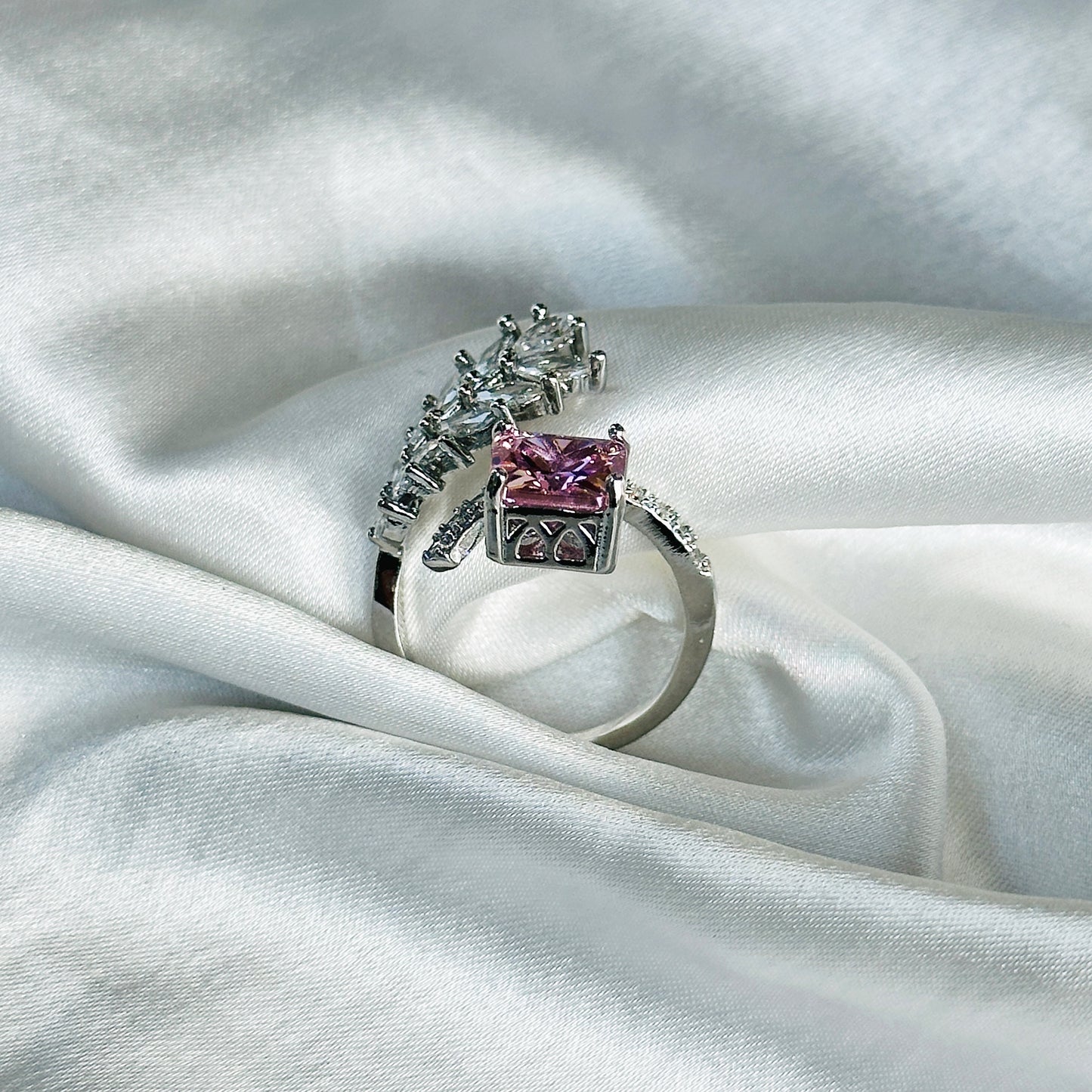 Ariva Collection Pink Topaz Cubic Zircon American Diamond Silver Plated Adjustable Ring