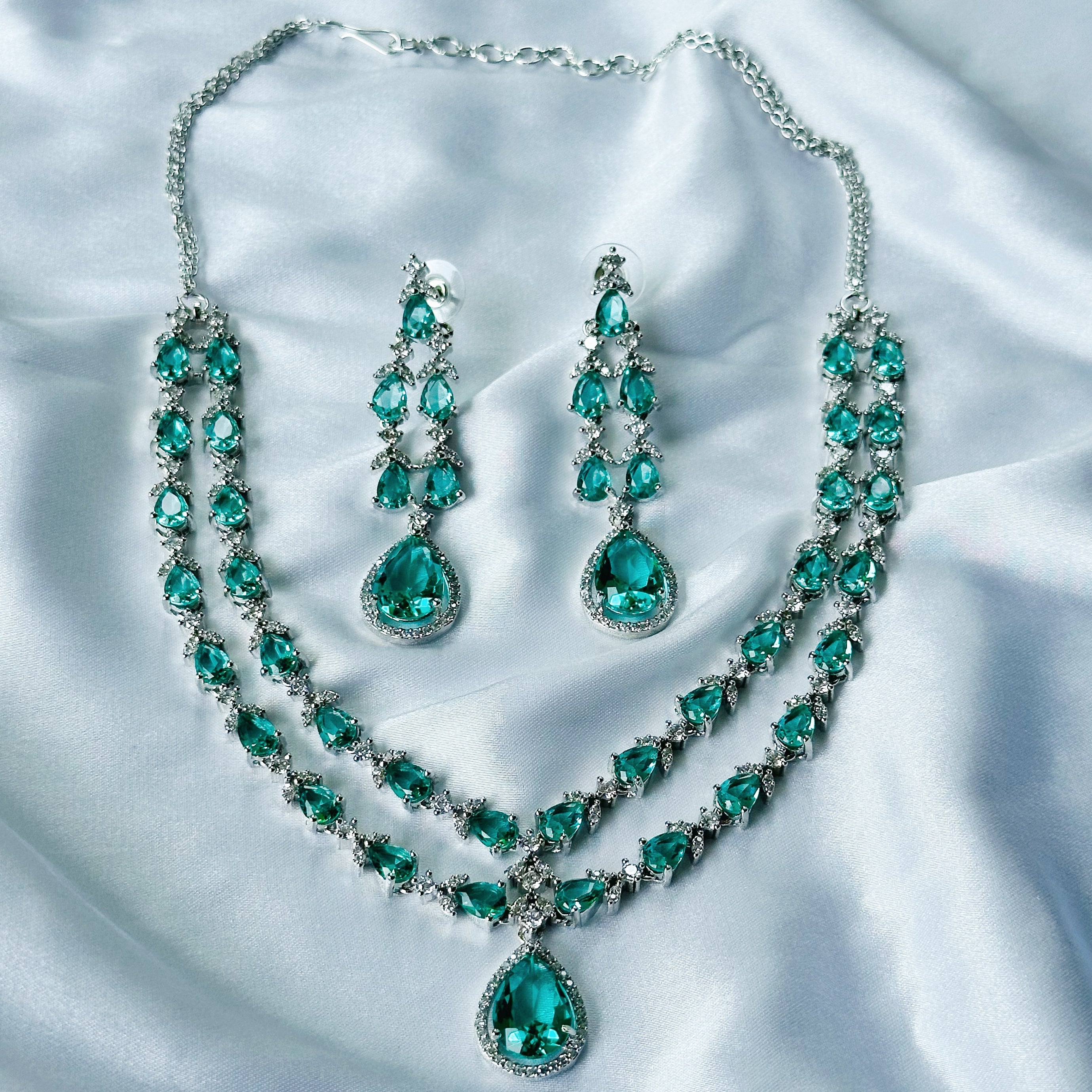 Ariva Collection Sea Green Topaz Cubic Zircon Double Chain American Diamond Silver Plated Necklace Set