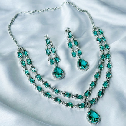 Ariva Collection Sea Green Topaz Cubic Zircon Double Chain American Diamond Silver Plated Necklace Set