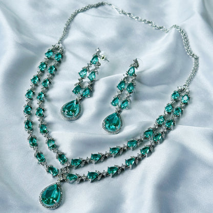 Ariva Collection Sea Green Topaz Cubic Zircon Double Chain American Diamond Silver Plated Necklace Set