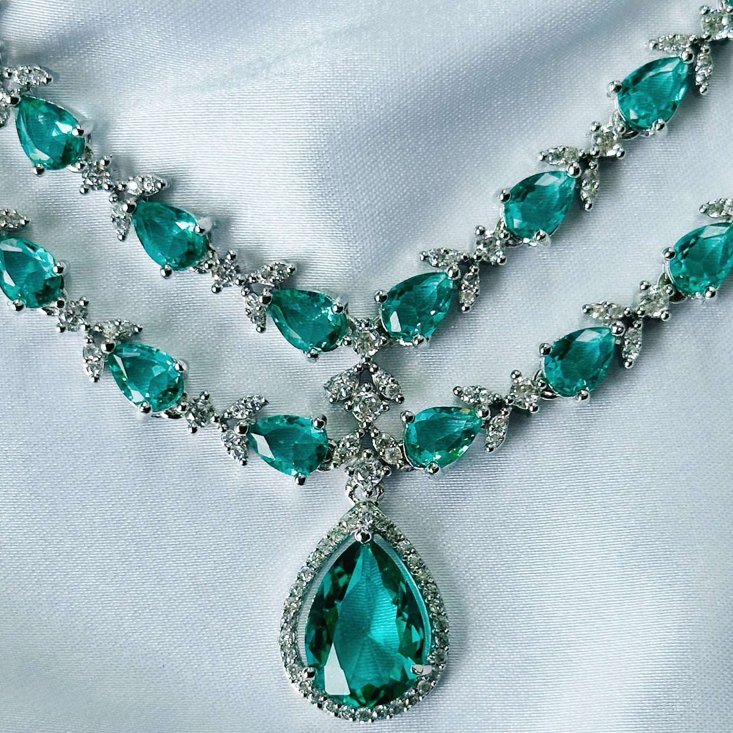 Ariva Collection Sea Green Topaz Cubic Zircon Double Chain American Diamond Silver Plated Necklace Set