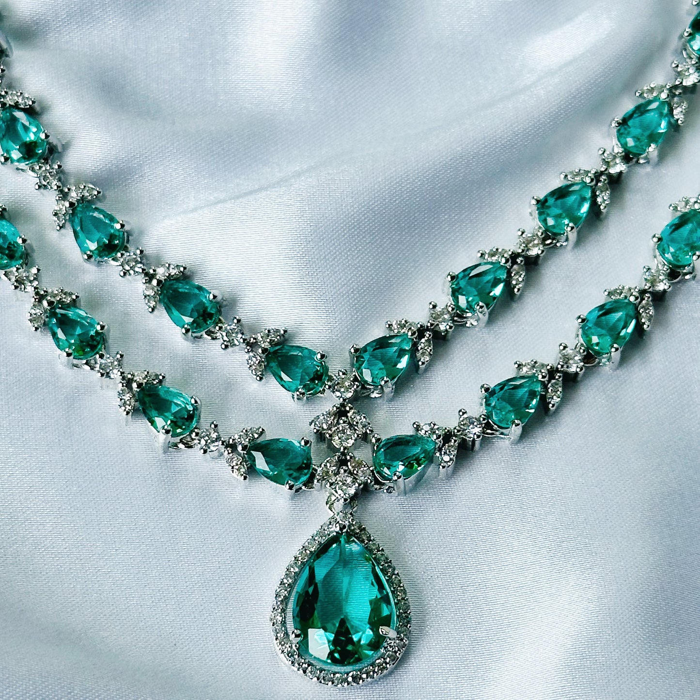 Ariva Collection Sea Green Topaz Cubic Zircon Double Chain American Diamond Silver Plated Necklace Set