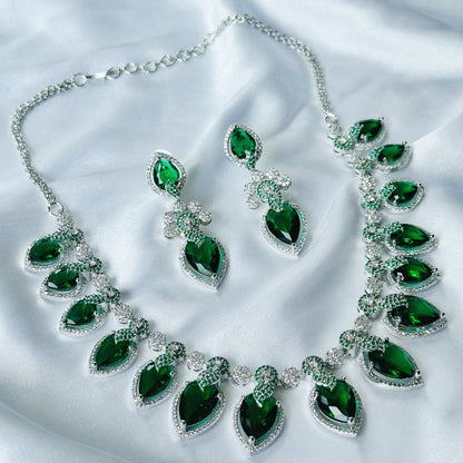 Ariva Collection Green Emerald Cubic Zircon Stones American Diamond Silver Plated Necklace Set