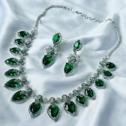 Ariva Collection Green Emerald Cubic Zircon Stones American Diamond Silver Plated Necklace Set