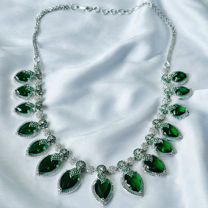 Ariva Collection Green Emerald Cubic Zircon Stones American Diamond Silver Plated Necklace Set