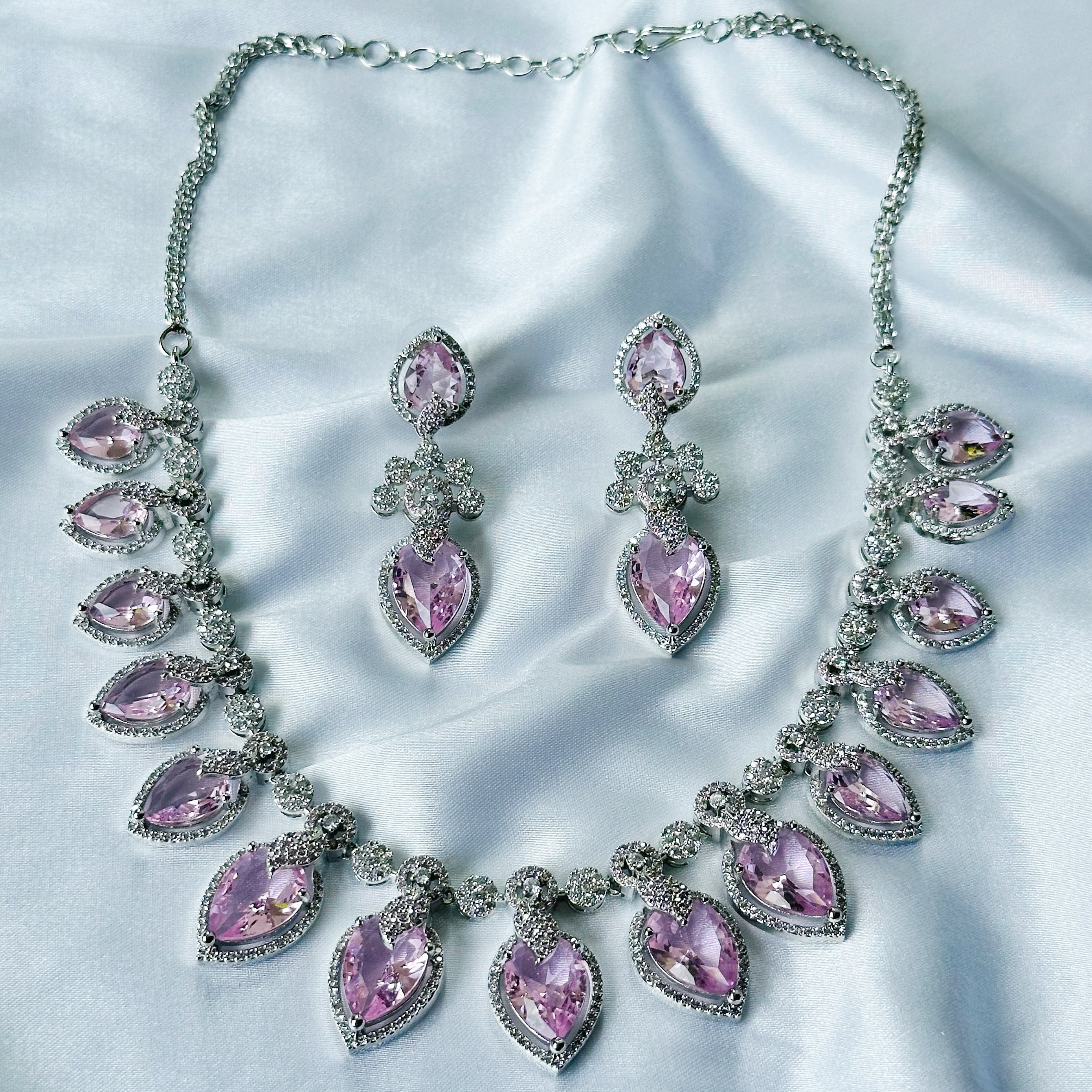 Ariva Collection Pink Topaz Cubic Zircon Stones American Diamond Silver Plated Necklace Set