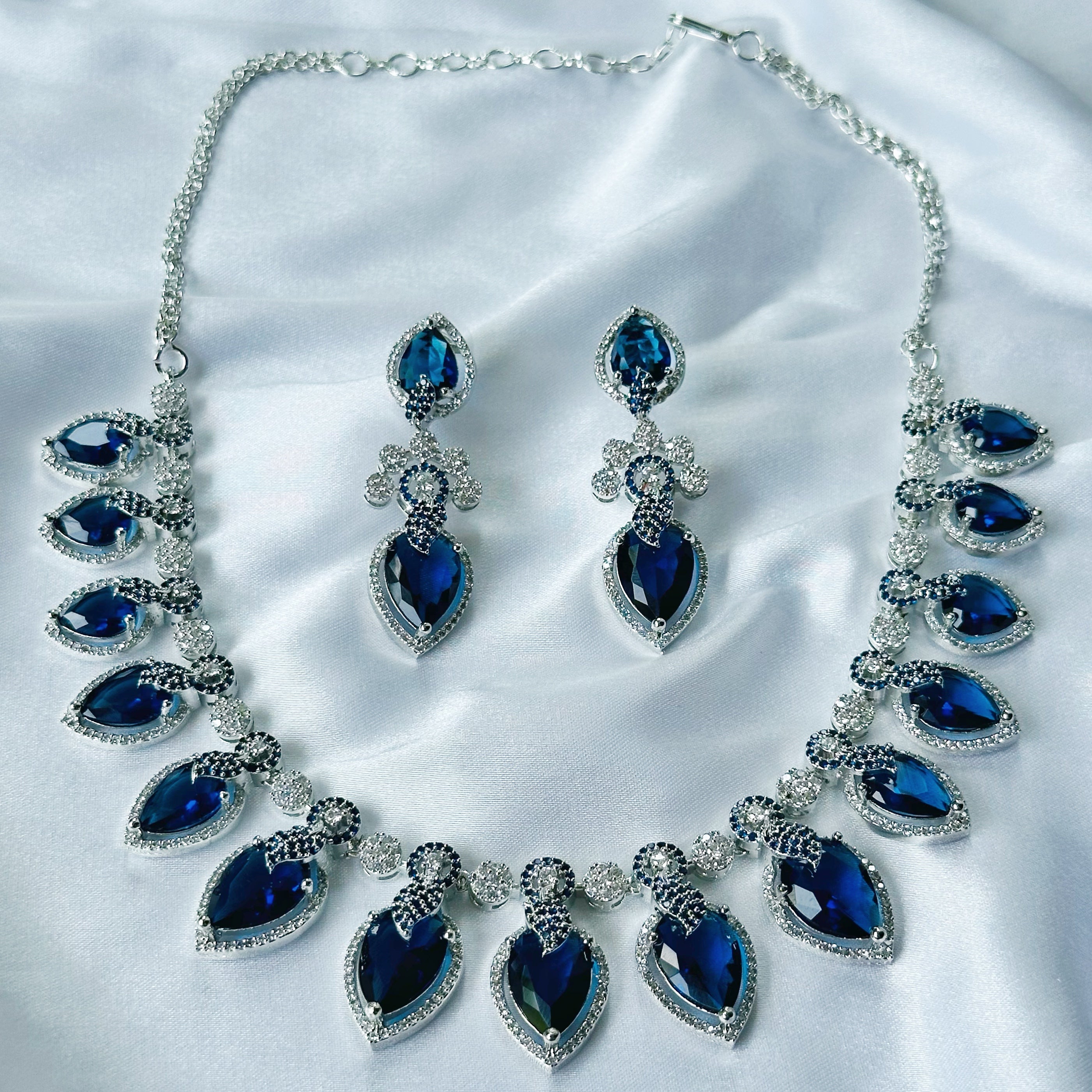 Ariva Collection Blue Sapphire Cubic Zircon Stones American Diamond Silver Plated Necklace Set