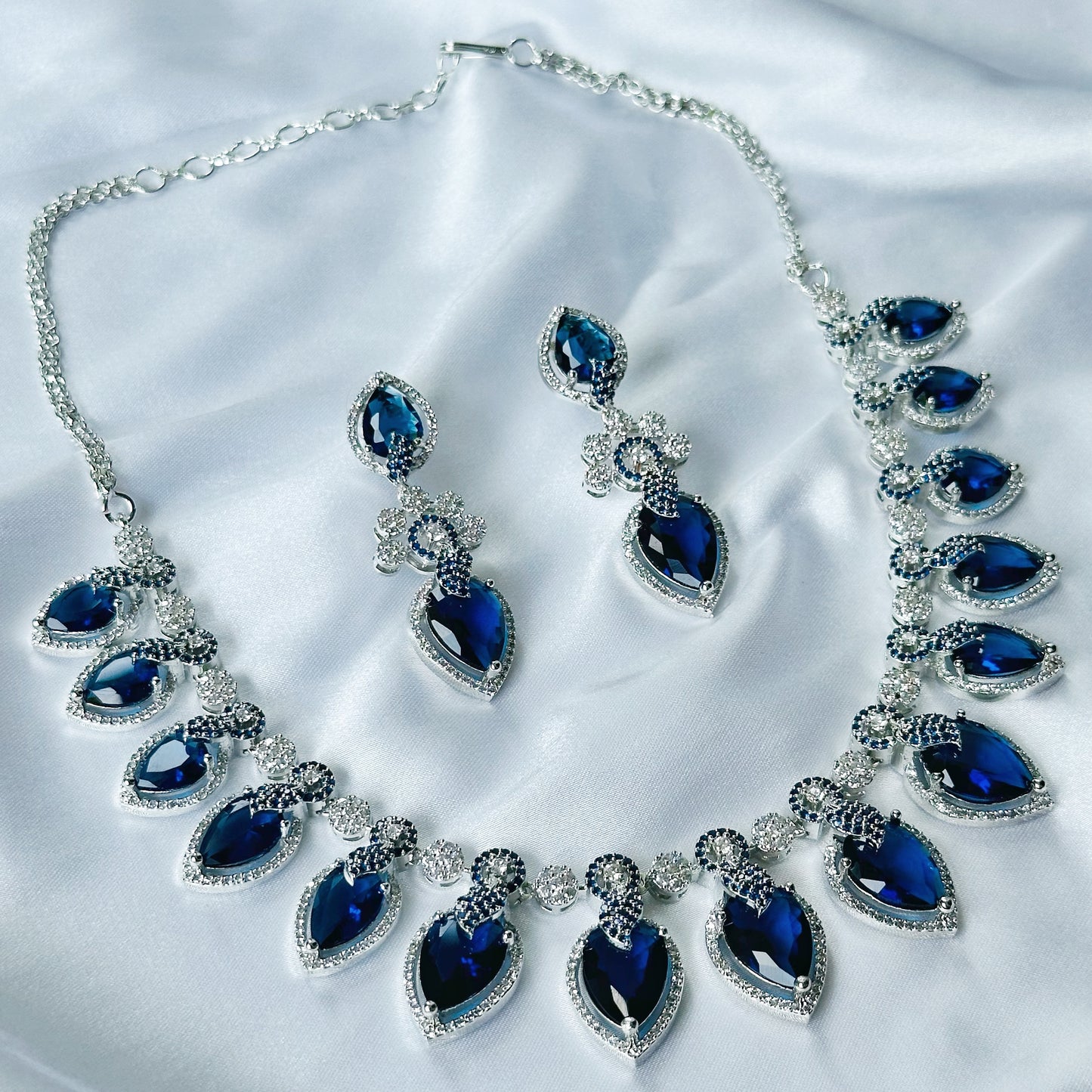 Ariva Collection Blue Sapphire Cubic Zircon Stones American Diamond Silver Plated Necklace Set