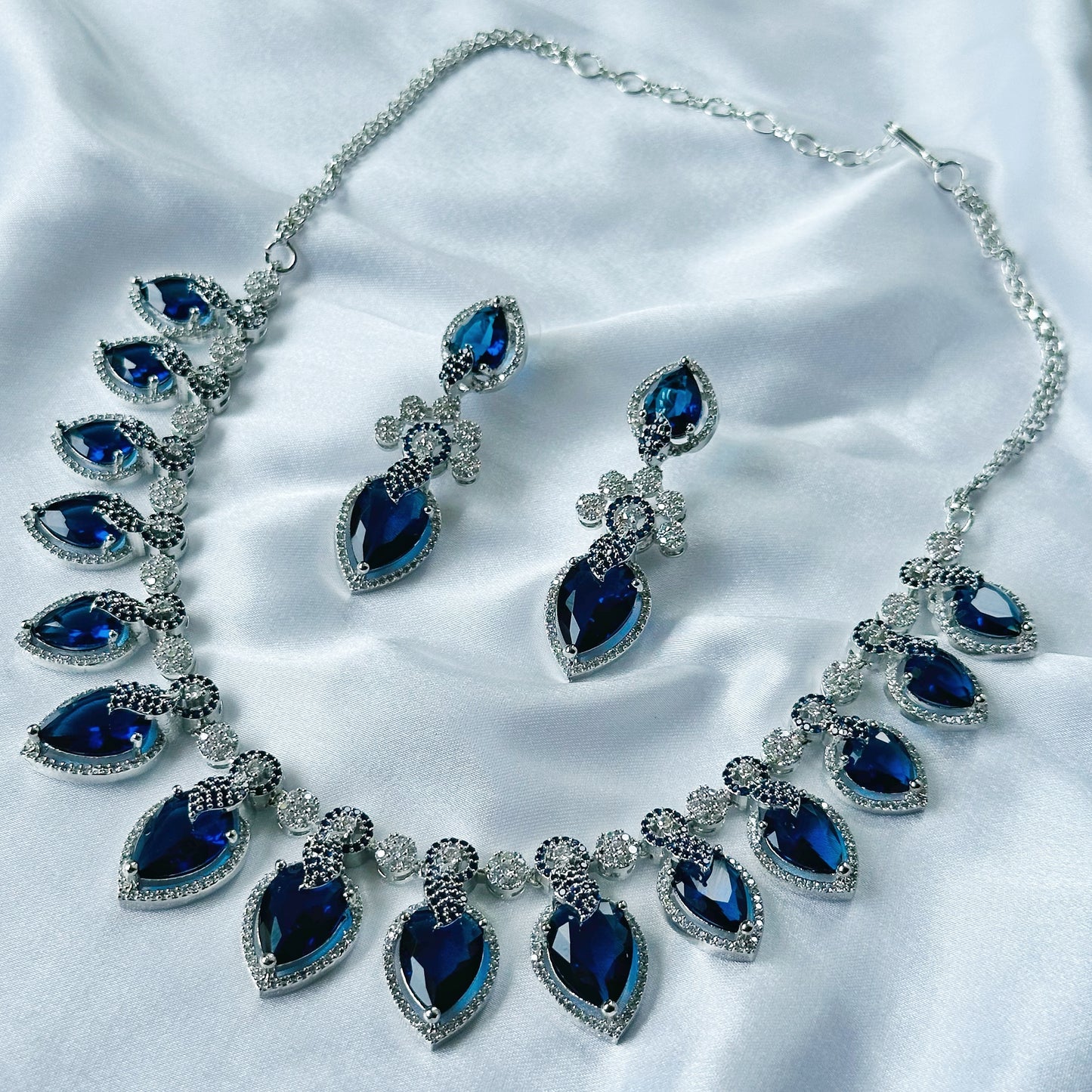 Ariva Collection Blue Sapphire Cubic Zircon Stones American Diamond Silver Plated Necklace Set