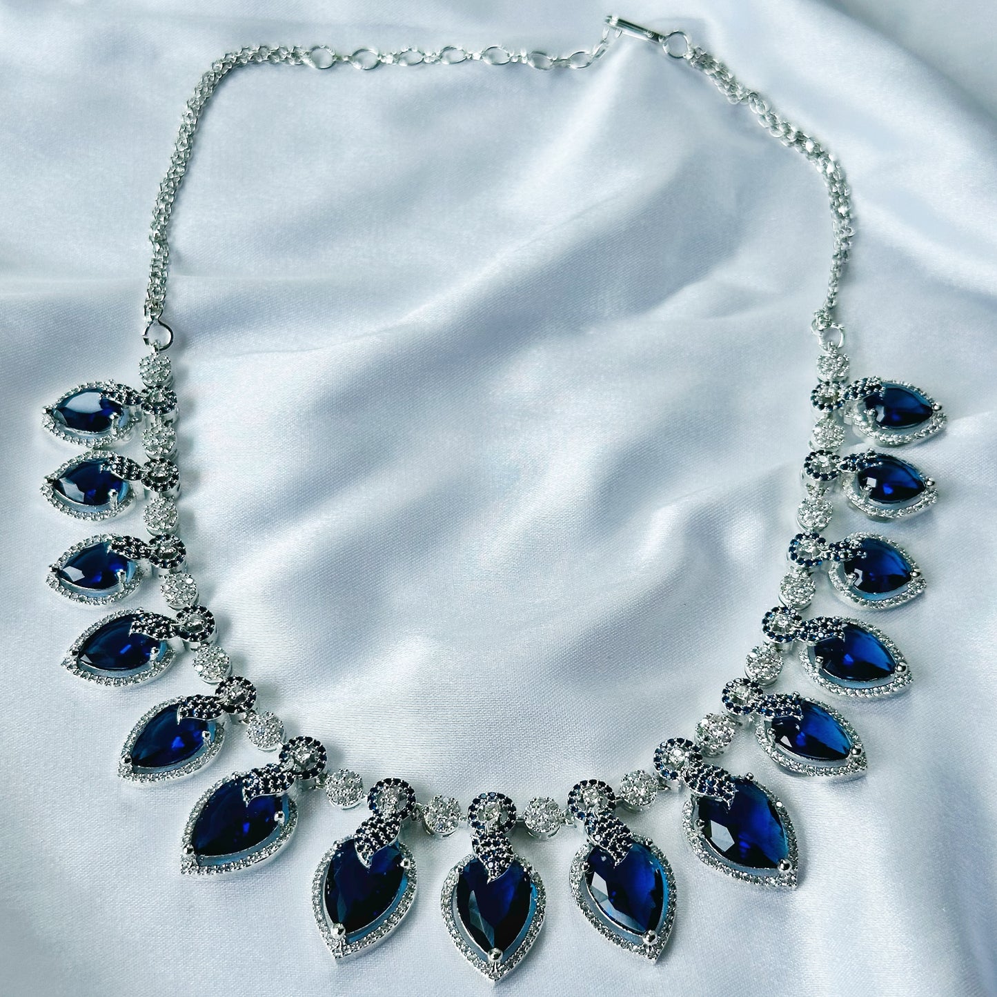 Ariva Collection Blue Sapphire Cubic Zircon Stones American Diamond Silver Plated Necklace Set