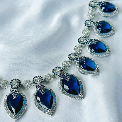 Ariva Collection Blue Sapphire Cubic Zircon Stones American Diamond Silver Plated Necklace Set