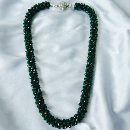 Ariva Collection Dark Green Emerald Beads With Magnetic Lock American Diamond Western Bracelet & Necklace Combo