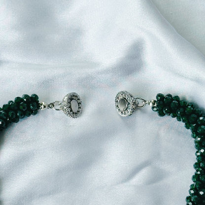 Ariva Collection Dark Green Emerald Beads With Magnetic Lock American Diamond Western Bracelet & Necklace Combo