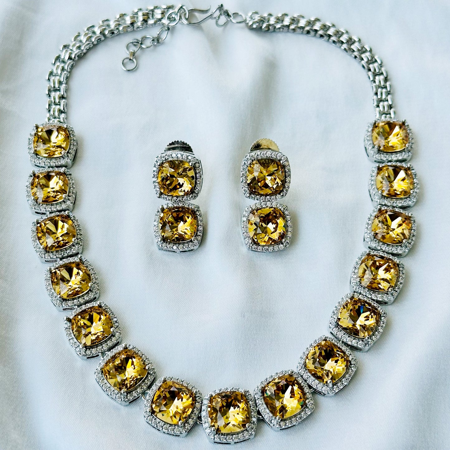 Ariva Collection Yellow Topaz Swarovski Crystal American Diamond Silver Plated Necklace Set