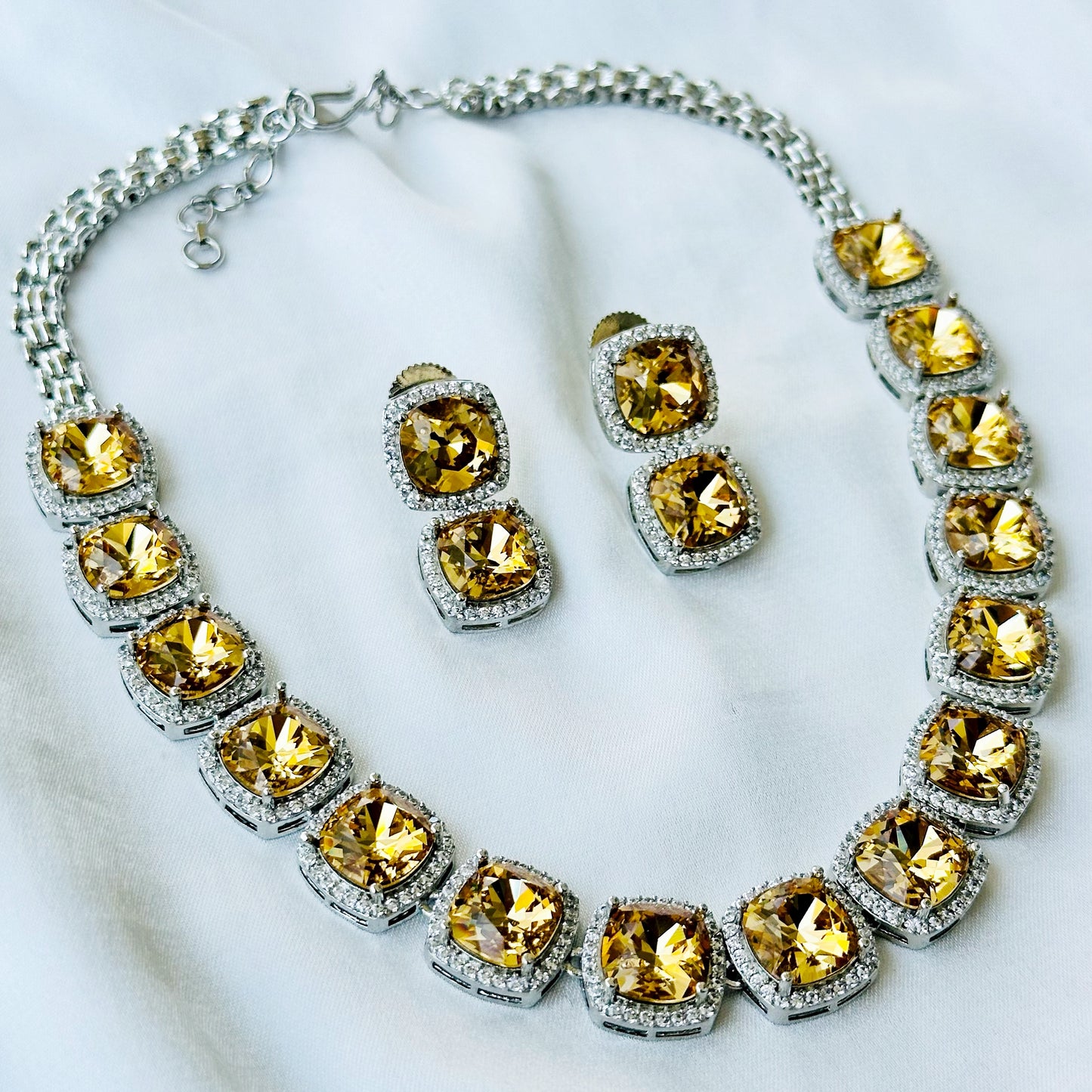 Ariva Collection Yellow Topaz Swarovski Crystal American Diamond Silver Plated Necklace Set