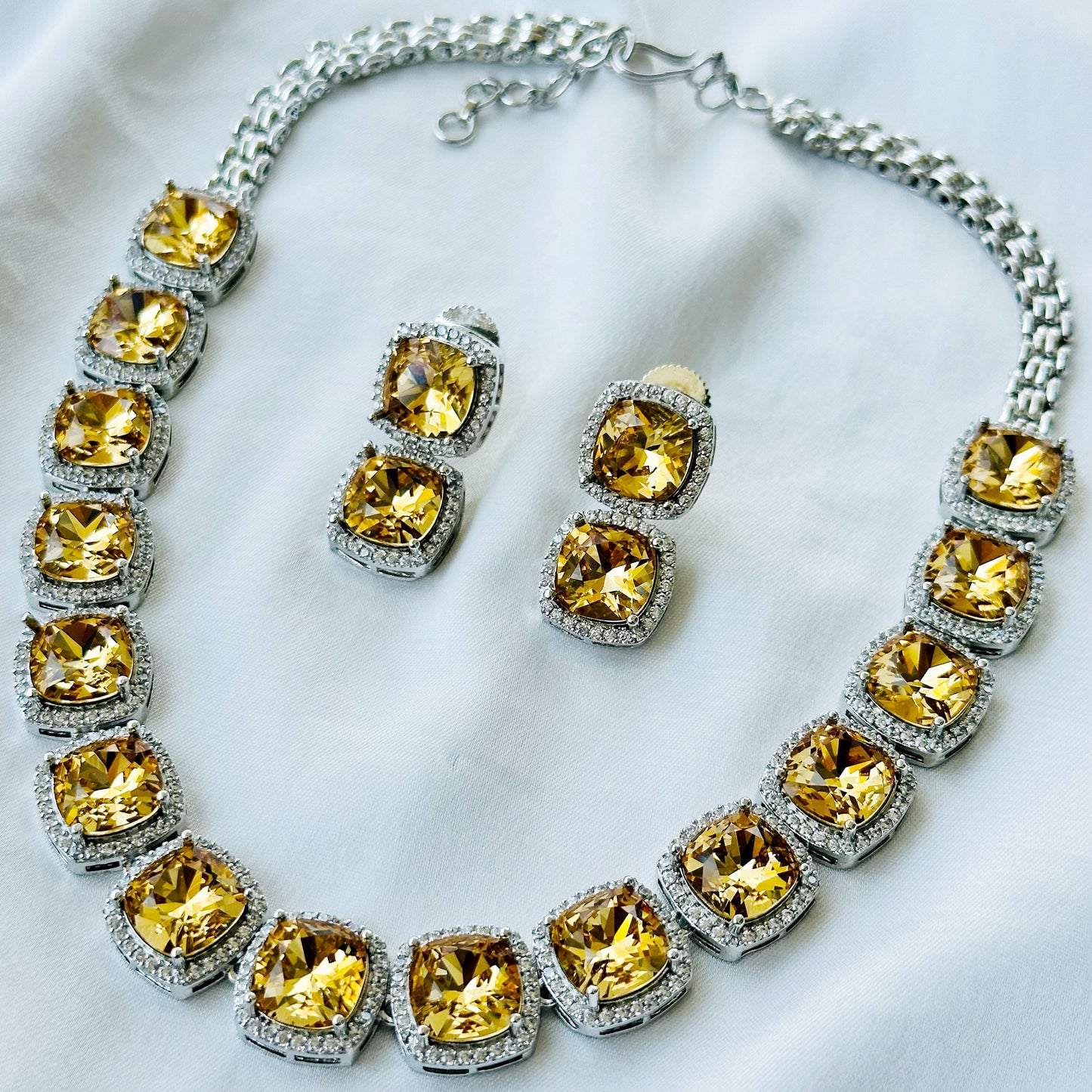 Ariva Collection Yellow Topaz Swarovski Crystal American Diamond Silver Plated Necklace Set