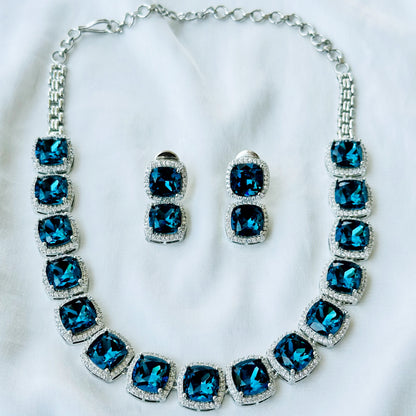 Ariva Collection Blue Montana Sapphire Swarovski Crystal American Diamond Silver Plated Necklace Set