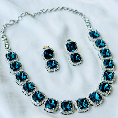 Ariva Collection Blue Montana Sapphire Swarovski Crystal American Diamond Silver Plated Necklace Set