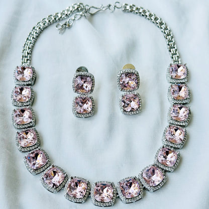 Ariva Collection Lt Pink Topaz Swarovski Crystal American Diamond Silver Plated Necklace Set